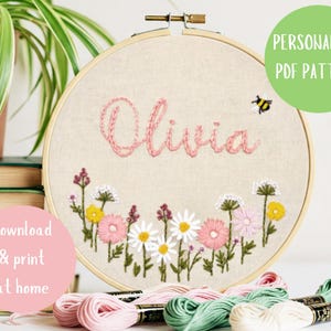 Personalized Name Embroidery Hoop Pattern: Floral Bee Design (Digital Download)