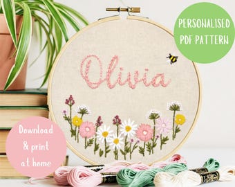 Personalized Name Embroidery Hoop Pattern: Floral Bee Design (Digital Download)
