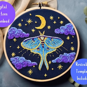 Luna Moth Moon & Stars Hand Embroidery Pattern.  Celestial hoop embroidery template. Astrology thread painting pattern. Luna moth embroidery