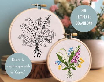 Wildflower Arrangement Hand Embroidery Pattern.  Foxglove Flowers Hoop Template. Floral Thread Painting Design. Instant Digital Download PDF