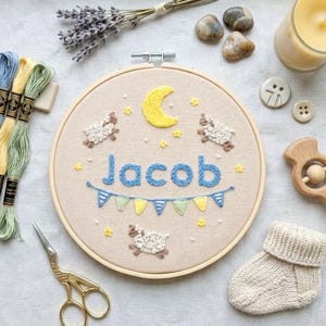 Personalized Name Hand Embroidery Pattern Featuring Moon, Sheep & Bunting. Nursery DIY Baby Shower Gif