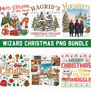 May include: A digital graphic bundle featuring six wizard-themed Christmas illustrations. Designs include a snowy owl on books, a decorated cabin, students at a castle, festive icons, a collage of school scenes, and a holiday sweater pattern.