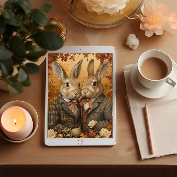 Retro Bunny Romance: Vintage Rabbit Couple Wall Art, Charming Home Decor, Romantic Illustration, LGBT couple.