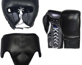 Custom Made Winning Black Boxing Gloves, Head Gears, Groin Guard, 100% Real Leather