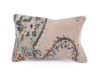May include: A rectangular pillow with a beige background and a blue and brown patterned design. The pillow is made of a soft, woven fabric.