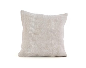 Handwoven Turkish Kilim Pillow Cover 20x20, Vintage Beige Wool Cushion