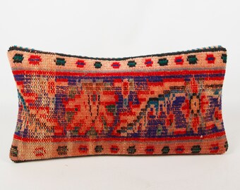 Vintage Kilim Pillow, 10X20 Turkish Kilim Pillow, Decorative Throw Pillow, Boho Pillow, Tribal Pillow, Aztec Pillow, Floor Cushion Cover