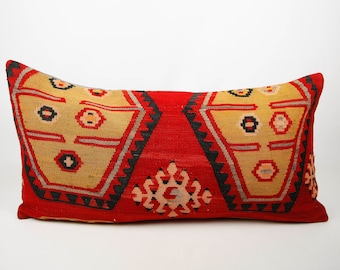 Extra långt kuddfodral, 12 x 36 tum - 30 x 90 cm King size Kelim örngott, unik ländrygg, Kelim sängkudde, grön ländryggskudde