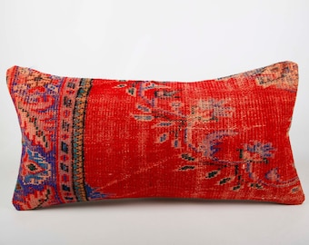 Handwoven Kilim Lumbar Pillow Cover, Vintage Turkish Rug, 16x32 inch