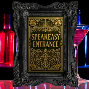 Letrero de entrada al bar clandestino Gatsby: Decoración art déco de los locos años 20 (Descargar PDF)