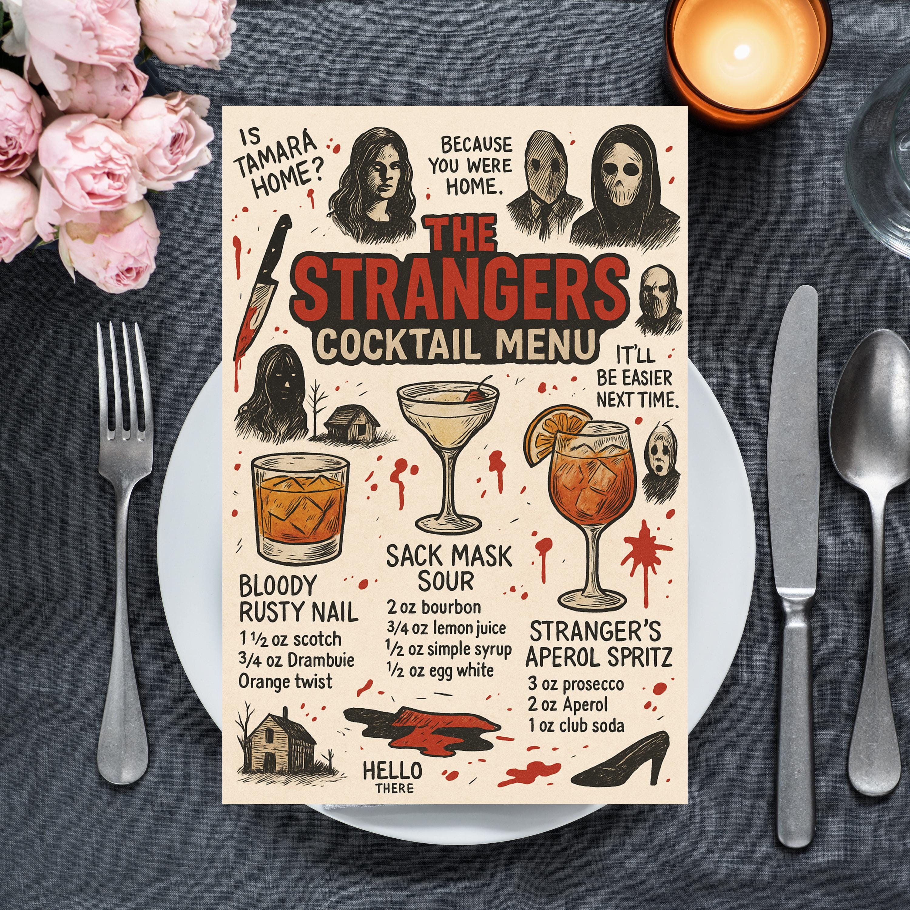 Stranger Drinks Menu The Strangers Movie Cocktail Sign: Hand-drawn Horror Bar Menu ...