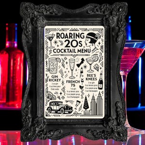 ROARING 20s Cocktails Sign | Great Gatsby Themed Bar Menu Printable | Vintage 1920s Speakeasy Drink Table Decor | Themed Drinks Party Menu