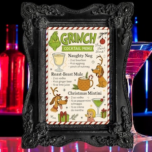 GRINCH Christmas Bar Sign | How the Grinch Stole Christmas Cocktail Menu | Holiday Party Decor | Funny Printable Drink Sign PDF