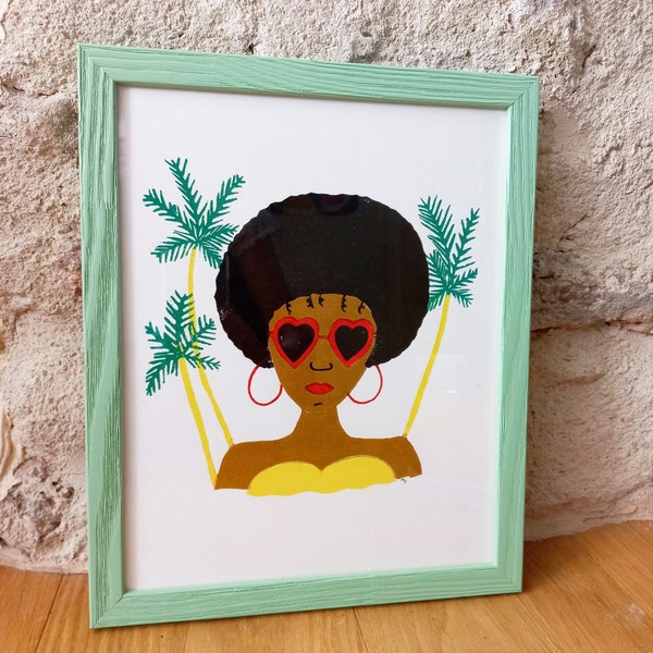 Estampe Afro lunettes coeurs, 24x30, gravure originale vendue sans cadre, décoration murale