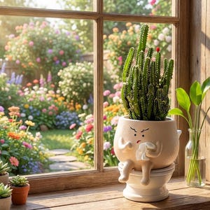 May include: A whimsical cactus planter shaped like a toilet, with a cartoon face and legs. The green cactus has a single red berry. The planter sits on a wooden windowsill with a garden view.