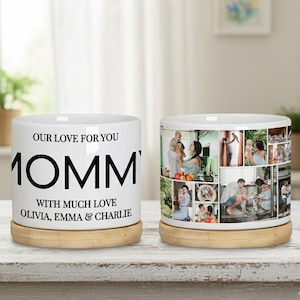 May include: Two white ceramic mugs with bamboo bases. One mug has the text "OUR LOVE FOR YOU MOMMY" and "WITH MUCH LOVE OLIVIA, EMMA & CHARLIE". The other mug features a collage of family photos.