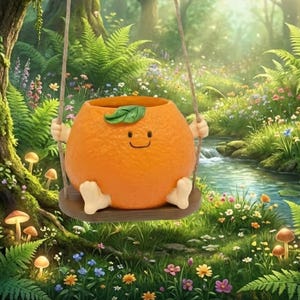 Puede incluir: Una maceta con forma de naranja sonriente, con una hoja verde, brazos y pies pequeños, balanceándose en un columpio de madera. La maceta está situada frente a un exuberante fondo de bosque verde con un arroyo y flores coloridas.