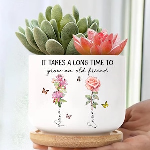 Det tar lång tid att bli bästa vän mini-växtkruka, anpassad födelsemånad blomkruka, bästa vän-present, vänskapspresent, födelsedagspresent till henne