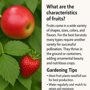 K&ouml;nnte beinhalten: Ein roter Apfel und eine Erdbeere mit gr&uuml;nen Bl&auml;ttern. Der Text lautet: &bdquo;Was sind die Eigenschaften von Fr&uuml;chten?&ldquo; und &bdquo;Gartentipps&ldquo;.