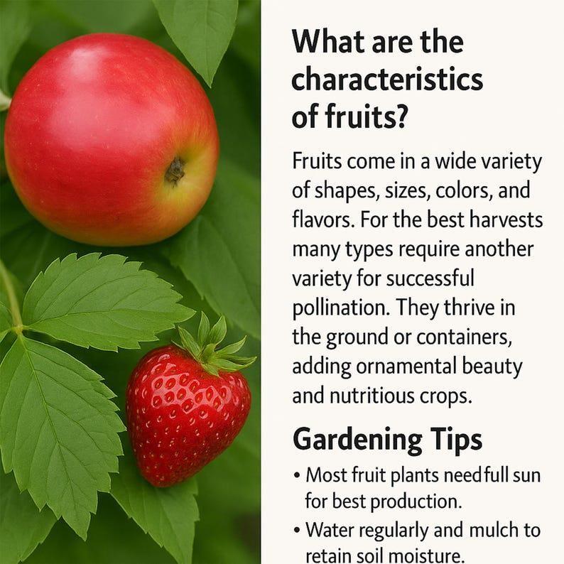 K&ouml;nnte beinhalten: Ein roter Apfel und eine Erdbeere mit gr&uuml;nen Bl&auml;ttern. Der Text lautet: &bdquo;Was sind die Eigenschaften von Fr&uuml;chten?&ldquo; und &bdquo;Gartentipps&ldquo;.