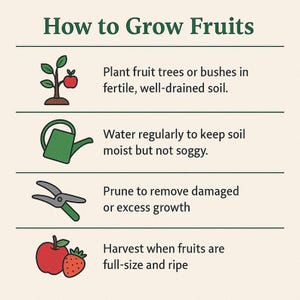 K&ouml;nnte beinhalten: Eine illustrierte Anleitung mit dem Titel &bdquo;Wie man Fr&uuml;chte anbaut&ldquo;. Die Anleitung umfasst Schritte: B&auml;ume pflanzen, gie&szlig;en, beschneiden und ernten. Jeder Schritt wird von einer relevanten Illustration begleitet, wie z. B. einer Gie&szlig;kanne und einer Rebschere.