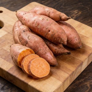 May include: Several sweet potatoes, with reddish-brown skin, are arranged on a wooden cutting board. One sweet potato is sliced, revealing bright orange flesh. The potatoes are ready for cooking.