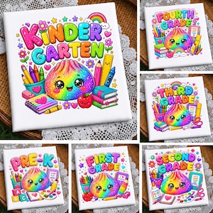 May include: A square white canvas featuring a colourful cartoon illustration with the text KINDERGARTEN. The design includes a rainbow-coloured smiling character, a cup of crayons, a ruler, books, and an apple, surrounded by small stars, hearts, and flowers.