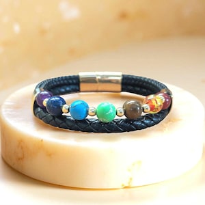 7 Chakra Healing Bracelet with gemstones Leather Magnetic Clasp for Energy Balance Pain Relief Spiritual Protection Yoga jewellery gift men