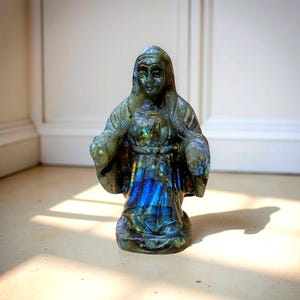 Labradorite Virgin Mary Statue Miraculous Immaculate Heart Catholic Sculpture for Home Altar or Garden Spiritual Healing Stone Decor.