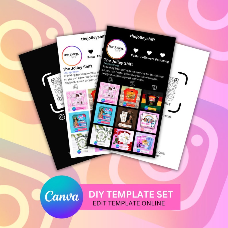 Puede incluir: Un conjunto de plantillas de Canva para publicaciones en redes sociales. La plantilla presenta un dise&ntilde;o en blanco y negro con el texto "The Jolley Shift" y un c&oacute;digo QR. La plantilla est&aacute; dise&ntilde;ada para empresas y emprendedores que necesitan optimizar su tiempo y brindar servicios remotos de back-end.