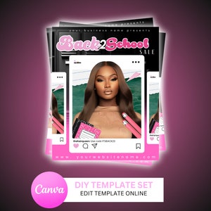 Könnte beinhalten: Ein pinkfarbenes und schwarzes Grafikdesign mit dem Text "Back2School Sale" und einem Foto einer Frau mit langen braunen Haaren. Der Text "thehairqueen: Use code ITSBACK23" ist ebenfalls im Design enthalten.