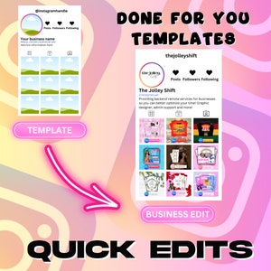 Puede incluir: Un gr&aacute;fico rosa y blanco con el texto "DONE FOR YOU TEMPLATES" y una flecha que apunta a una cuadr&iacute;cula de nueve plantillas de publicaciones de Instagram. El texto "QUICK EDITS" est&aacute; en la parte inferior del gr&aacute;fico.