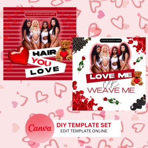 Liebe ist im Haar Flyer | DIY Valentinstag Februar Verkauf Haar Schönheit Perücken Bundles Frontals Social Media Instagram bearbeitbare Canva Vorlage