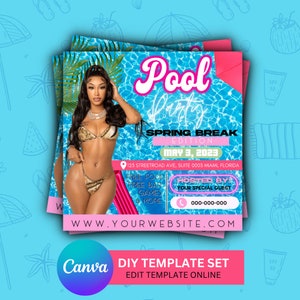 Folleto de fiesta en la piscina, anuncio de fiesta en la piscina en las redes sociales Invitación editable a la piscina de verano, plantilla DIY Canva, fiesta de cumpleaños piscina verano Canva