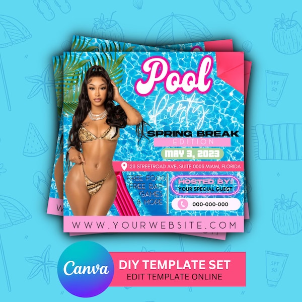 Pool Party Flyer, Social Media Pool Party Announcement Editable Summer Pool Invitation, DIY Canva Template, Birthday Party Pool Summer Canva