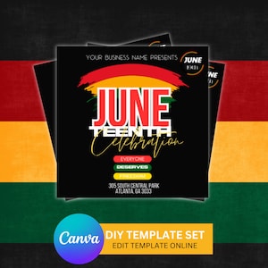 May include: A black and red flyer with the text "Juneteenth Celebration" in white and gold lettering. The flyer also includes the text "Everyone Deserves Freedom" and the address "305 South Central Park, Atlanta, GA 30333".
