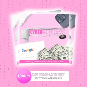 Puede incluir: Gráfico rosa y blanco con el texto "Cyber Monday" y "Your Business Name". El gráfico también incluye una pantalla de computadora con el motor de búsqueda de Google abierto, un teléfono inteligente, un mouse de computadora y una pila de billetes de dólares estadounidenses. El texto "www.yourwebsitename.com" está en la parte inferior del gráfico. El logotipo de Canva está en la esquina inferior izquierda con el texto "DIY Template Set" y "Edit Template Online".
