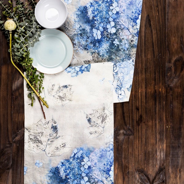 Linen tablecloth in hydrangea print, Soft linen tablecloth, Artisan design from watercolors, Made in Poland