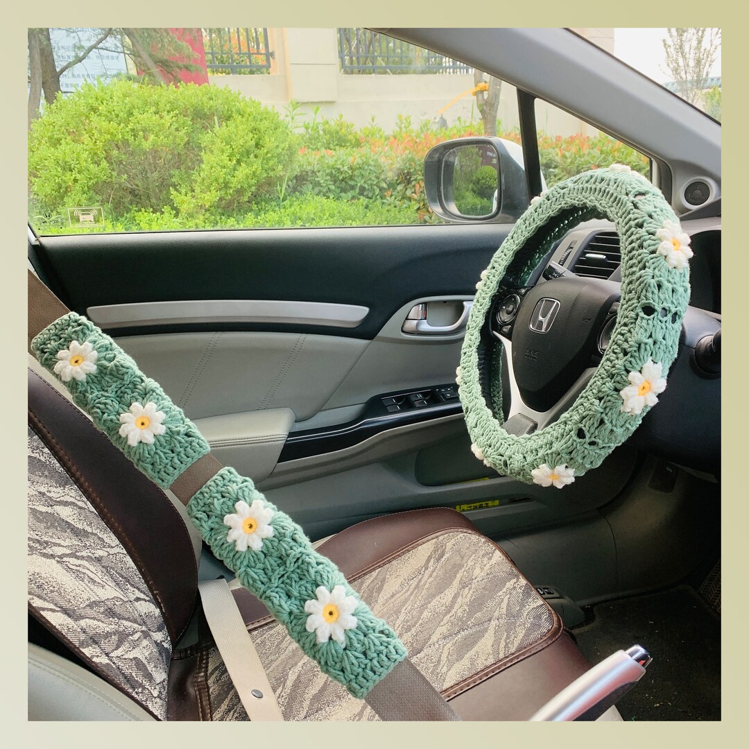 Cute Daisy Steering Wheel Cover Handmade Crochet Seat Belt Etsy