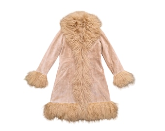 Vintage Long Tan Suede Coat with Genuine Mongolian Shearling Trim in Size L