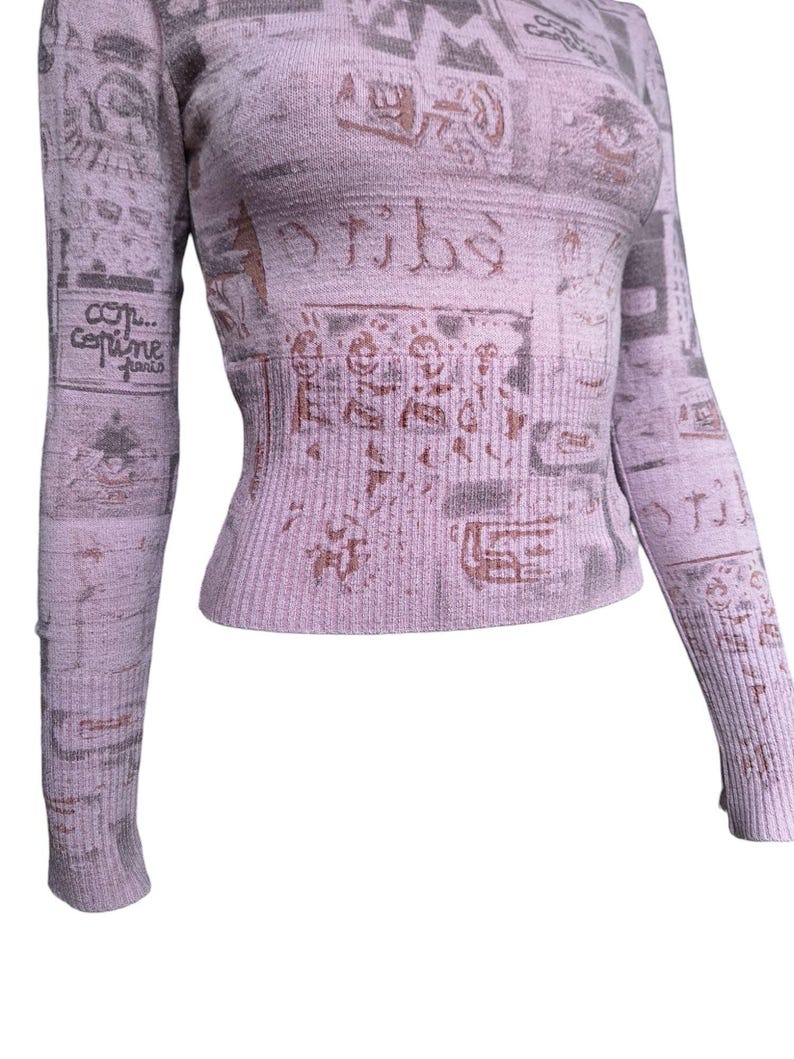 Cop Copine Newspaper Muse Vintage 90s Pink Graphic Knit Sweater in Size ...