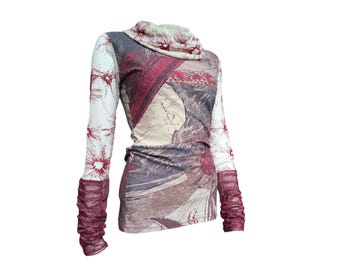 Save The Queen Y2k Vintage Renaissance Collage Mesh Top with Draped Cowl and Ruched Cuffs in Size M-L