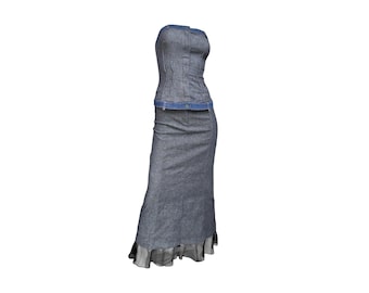 Cop Copine 'Latitude-Longitude' Vintage Structural Denim Bustier & Mesh Maxi Skirt Set in Size 38 FR/S