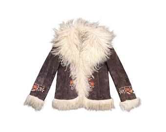 Penny Lane Style Suede Jacket with Embroidered Blooms and Mongolian Fur Trim in Size L