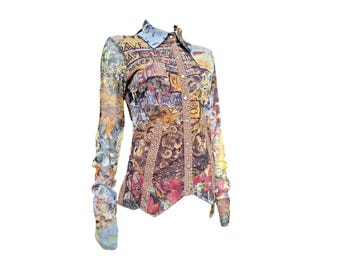 Save The Queen Vintage Renaissance Collage Mesh Snap Shirt in Size M-L