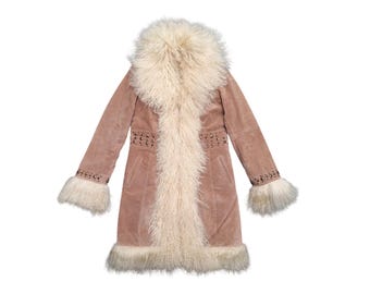 Vintage Studded Suede Afghan Coat with Mongolian Lamb Fur in Size M