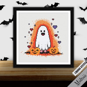 A Playful Ghost Cross Stitch Pattern | Spooky Cross Stitch | Jackolantern Pumpkin Cross Stitch