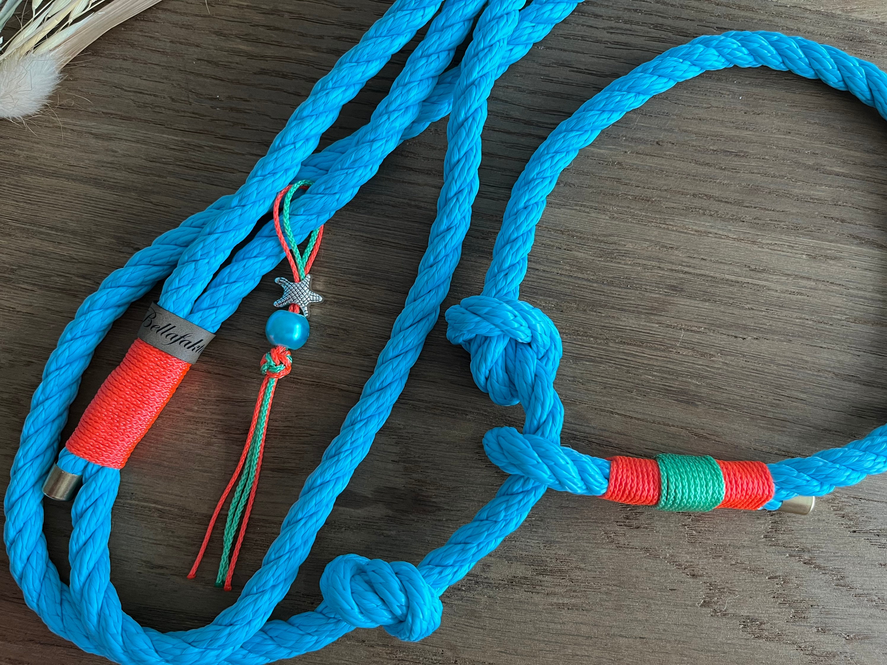 RL8-mabl-neor-2 | Retrieverleine aus Tau „Beach Vibes“ in türkis - blau mit neon orange - mint mit niedlichem Seestern Anhänger | Tauleine