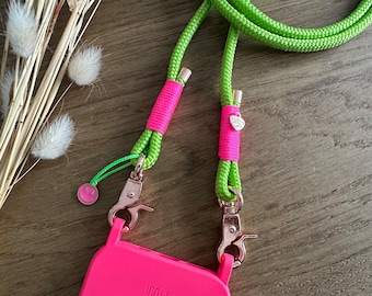 Handykette aus Tau in neon grün - pink - rosé | Handyband zum Wechseln | Smiley Anhänger nach Wunsch