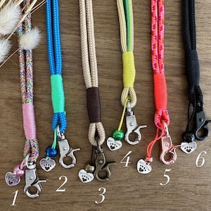 Könnte beinhalten: Sechs bunte Seil-Leinen mit Metallclips und Anhängern, auf denen "Best Friend" steht. Die Leinen sind in den Farben Pink, Blau, Beige, Grün, Rot und Schwarz.